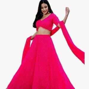 Hot Pink Lehenga Choli Set,  with Gold Border, Flared Skirt with CropTop